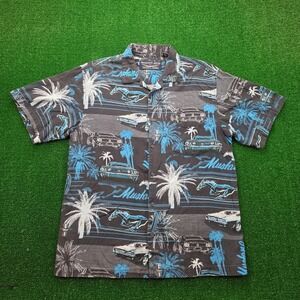 Newport Blue Ford Mustang Hawaiian Camp Shirt Mens Large Black Button Up AOP